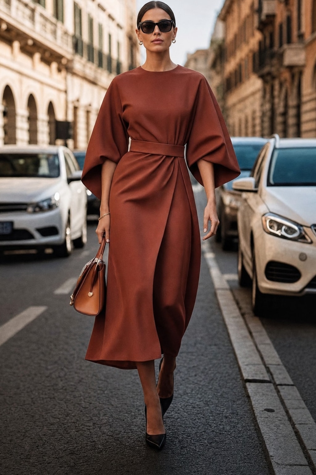 Batwing Sleeve Dress With Cinched Waist - 6