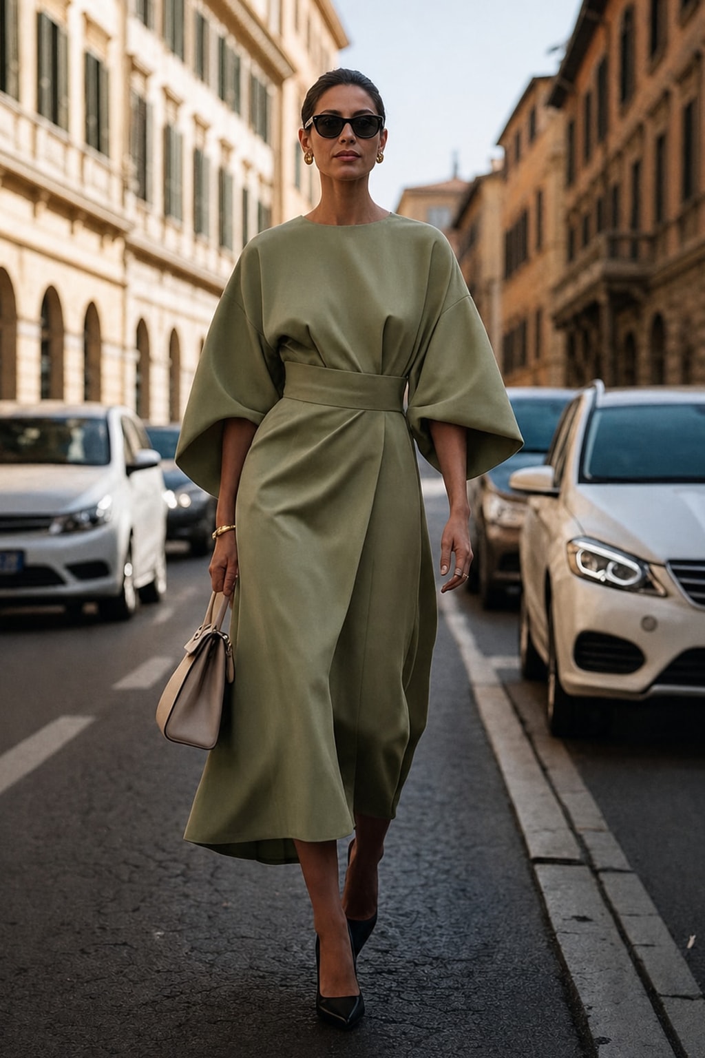 Batwing Sleeve Dress With Cinched Waist - 8