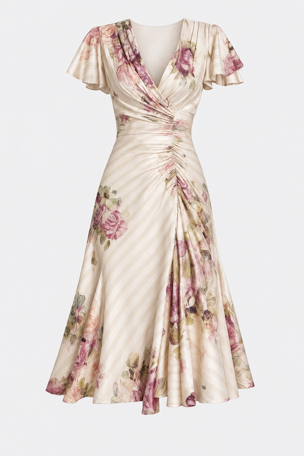 Effortless Floral Wrap Midi Dress With Ruched Waist - 1