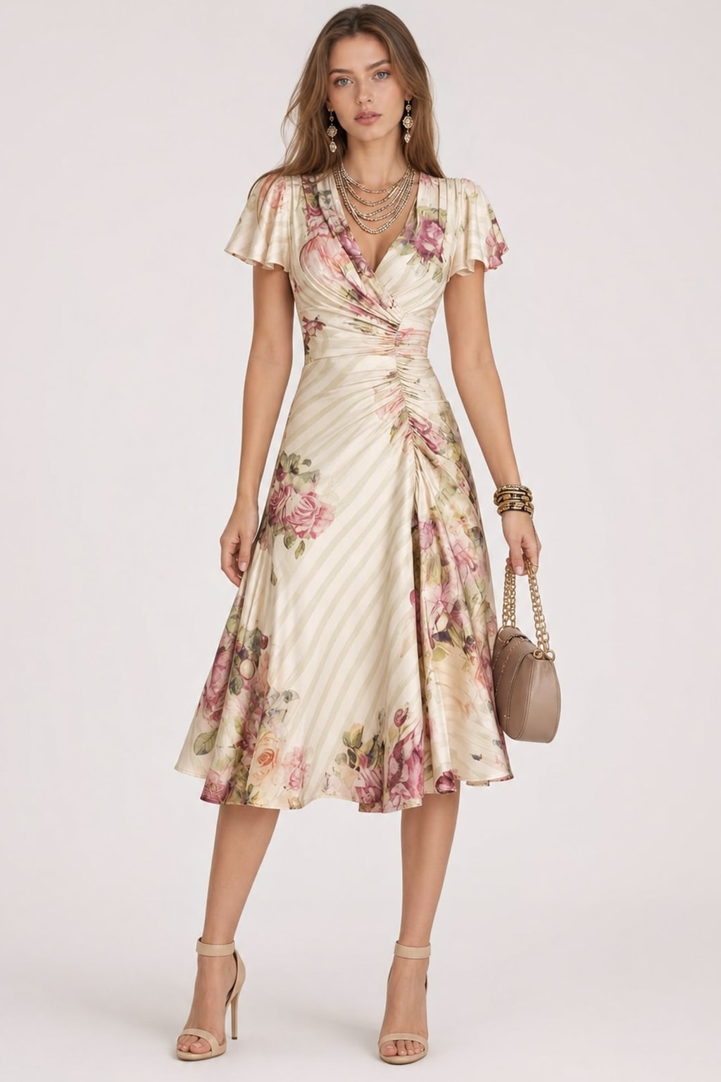 Effortless Floral Wrap Midi Dress With Ruched Waist - 5