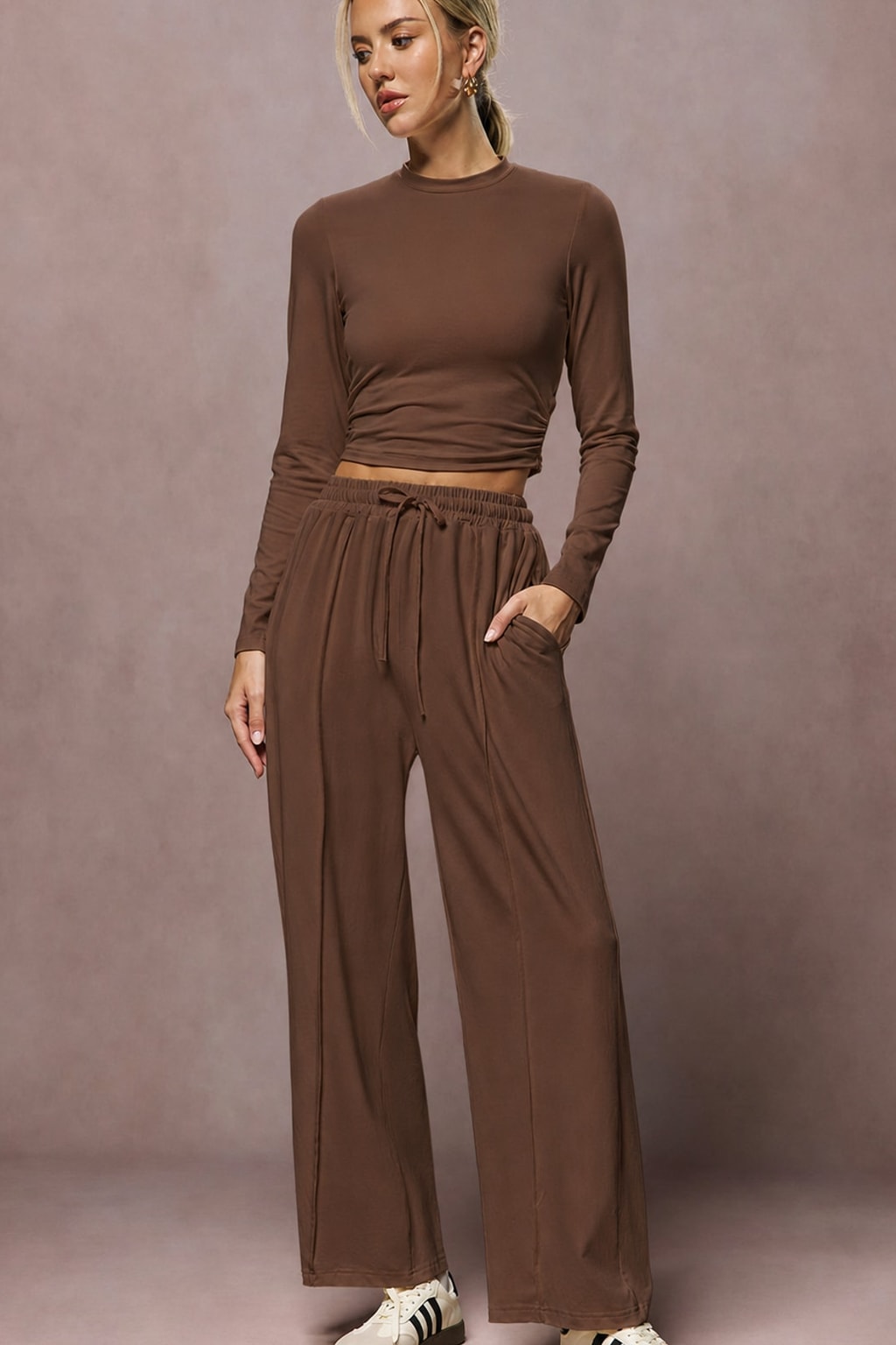 Ruched Jersey Top And Tie-Waist Wide-Leg Trouser Set - 8