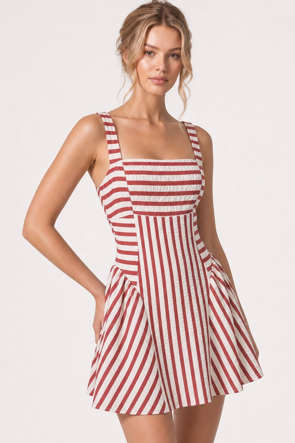 Polyester Striped Square-Neck Mini Dress - 7