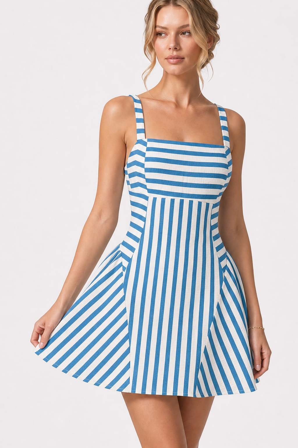 Polyester Striped Square-Neck Mini Dress - 6