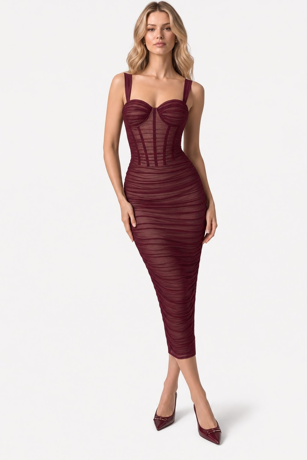 Mesh Midi Dress With Ruched Bustier Detail - 5