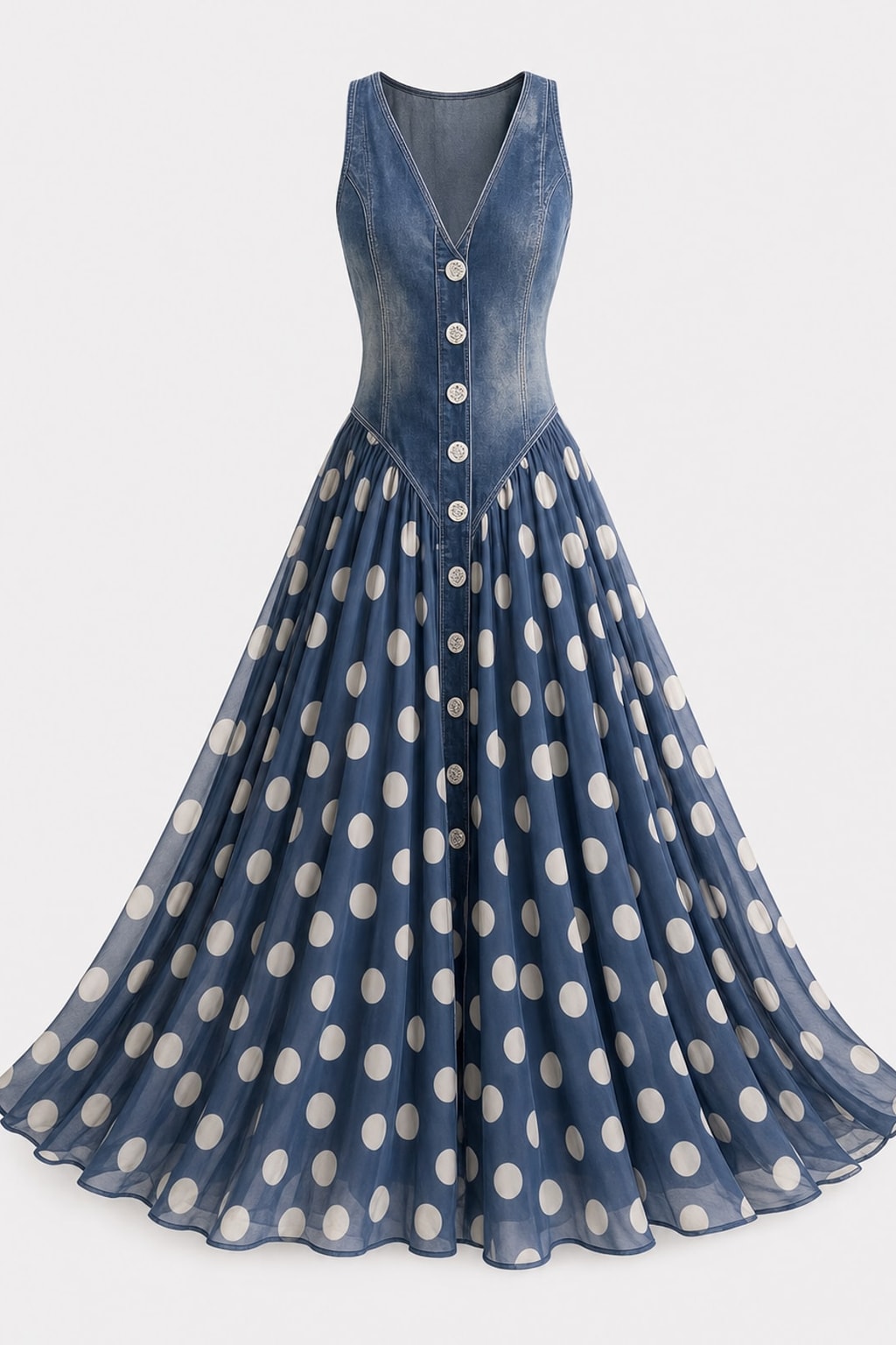 Blue Polka Dot Chiffon Midi Dress With V-Neck - 1
