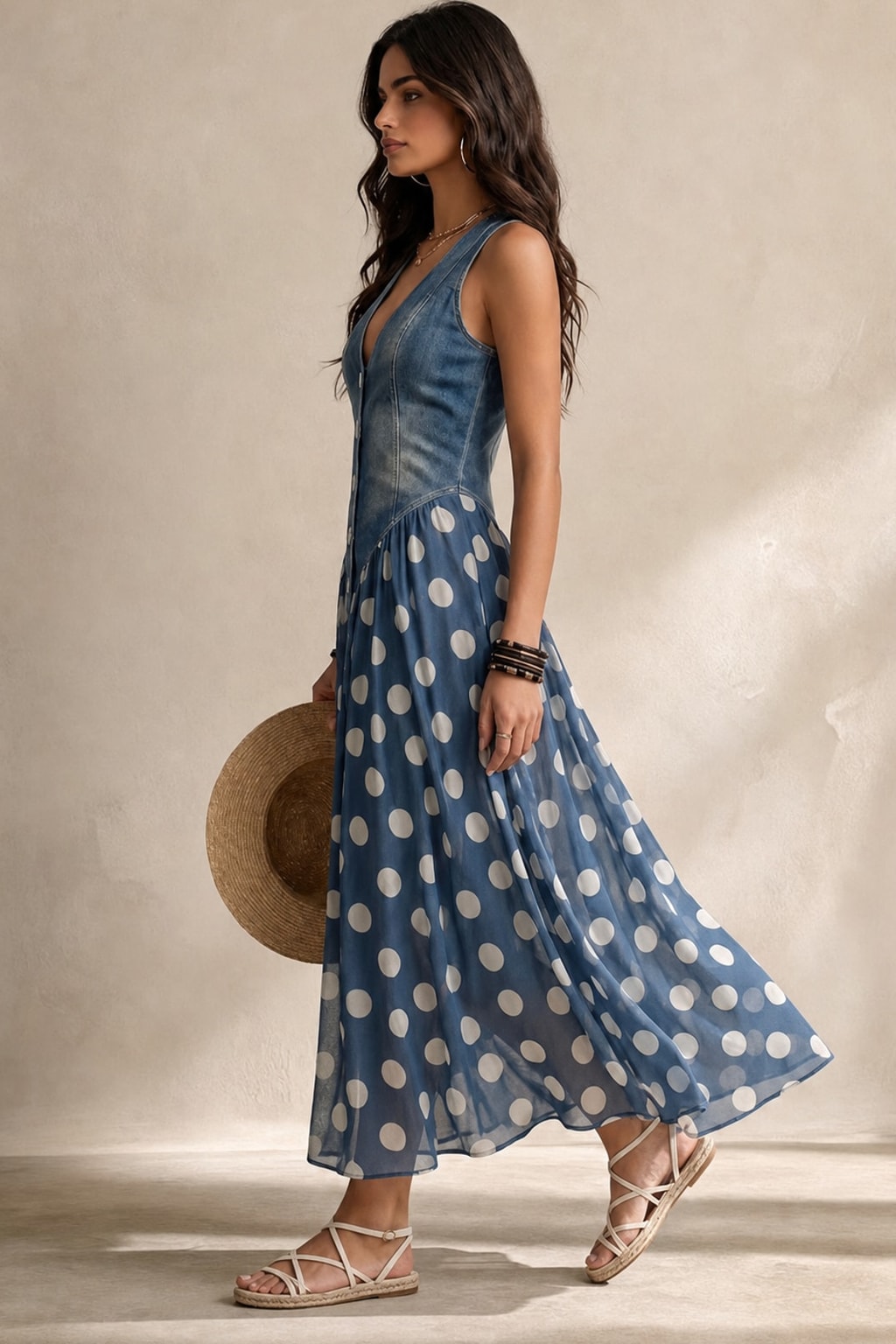 Blue Polka Dot Chiffon Midi Dress With V-Neck - 4