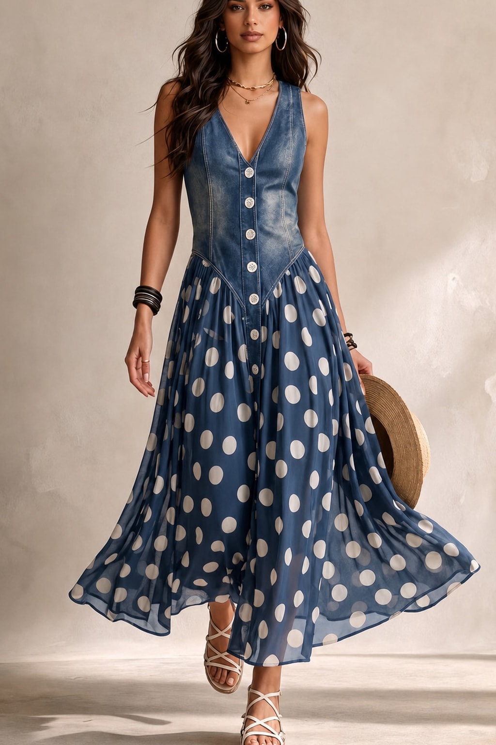 Blue Polka Dot Chiffon Midi Dress With V-Neck - 2
