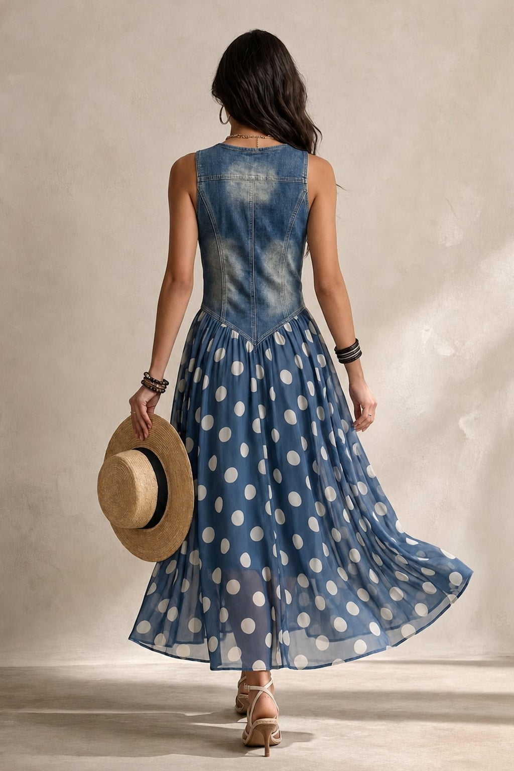 Blue Polka Dot Chiffon Midi Dress With V-Neck - 5