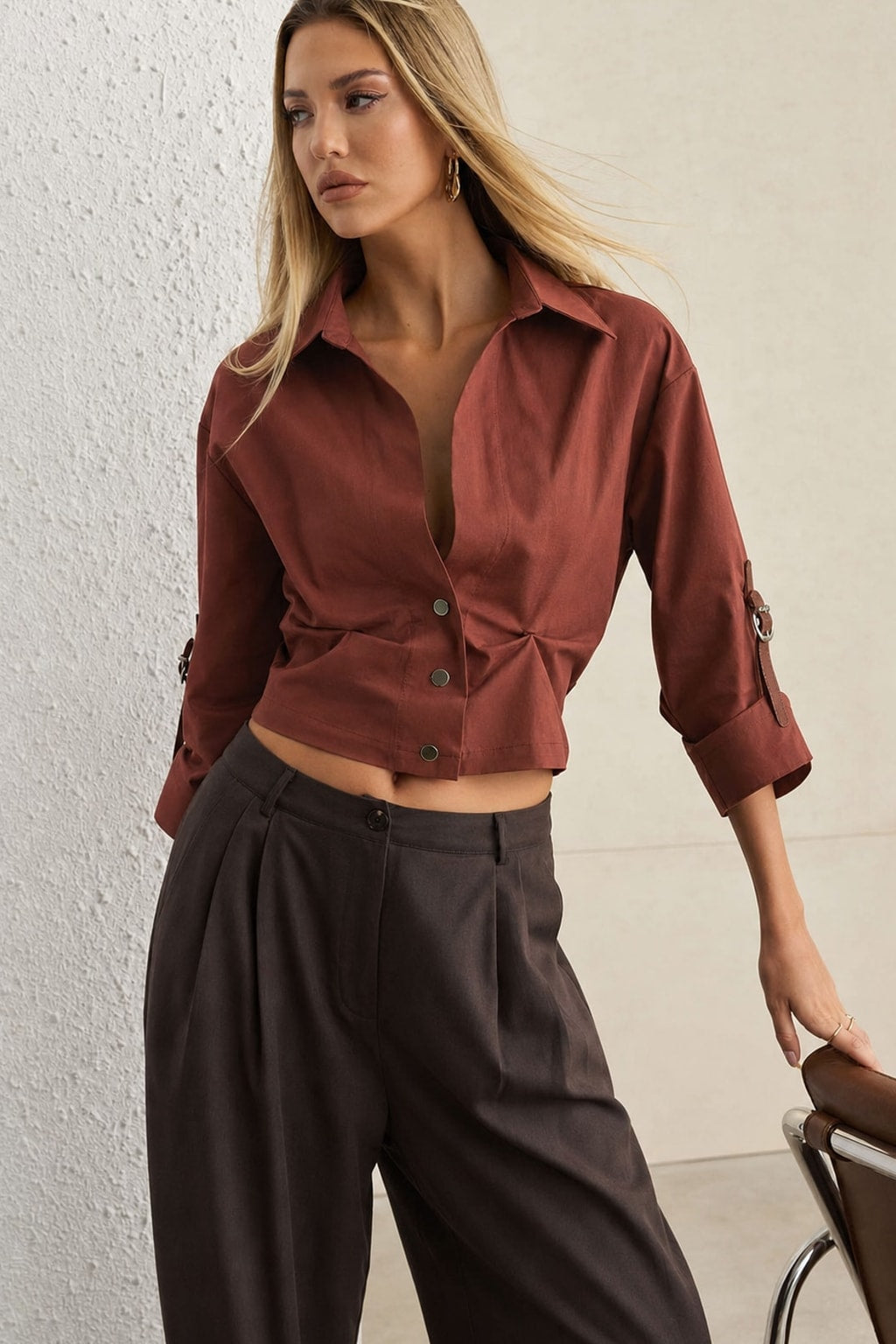 Cotton Ruched Button Short-Sleeve Shirt - 6
