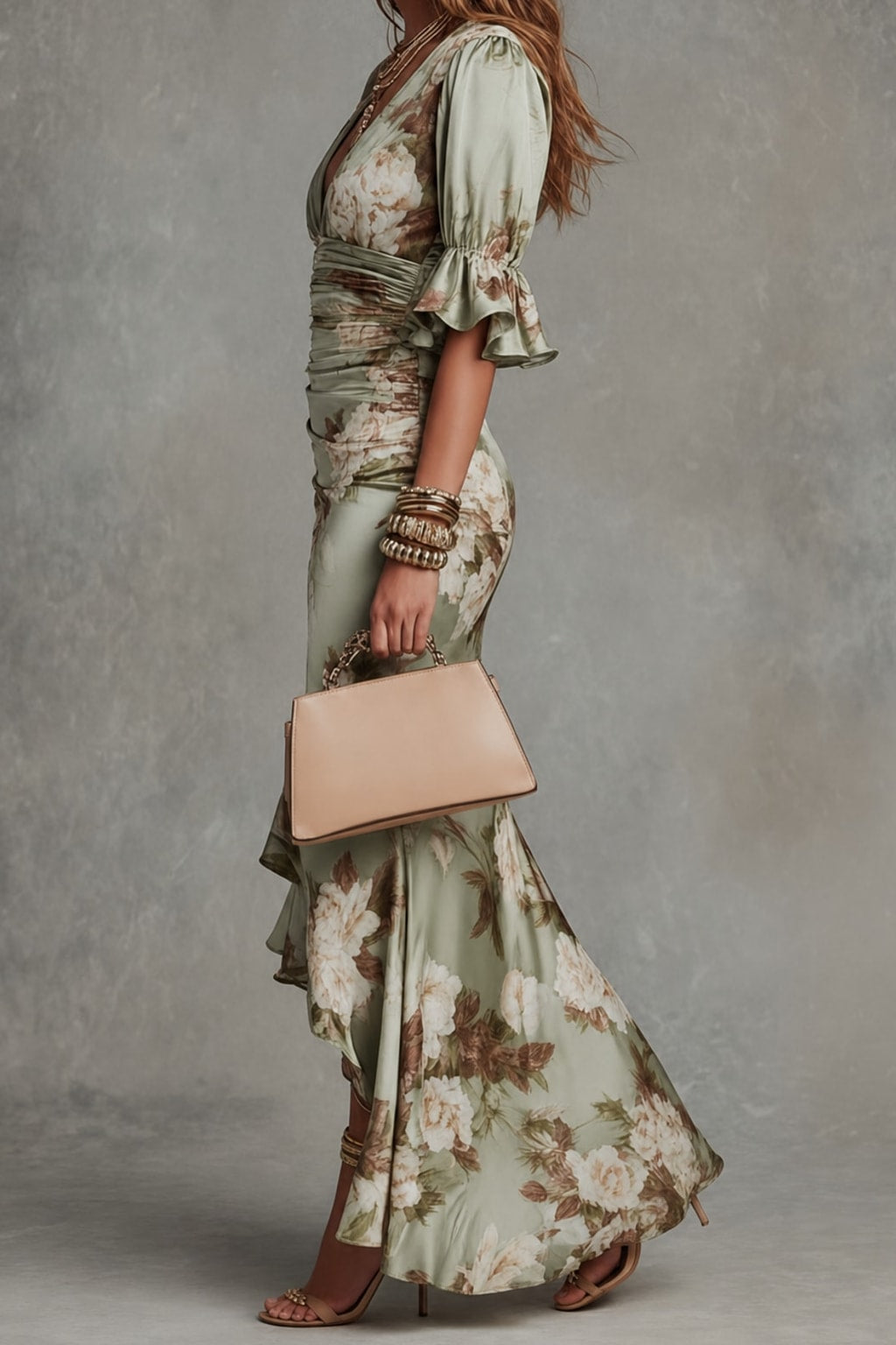 Satin Floral Print V-Neck Dress - 3