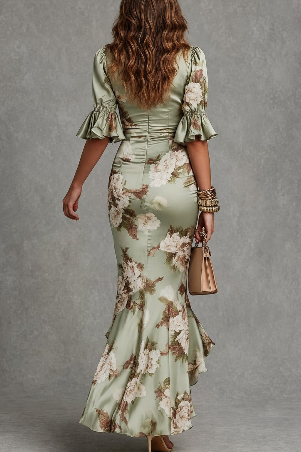 Satin Floral Print V-Neck Dress - 4