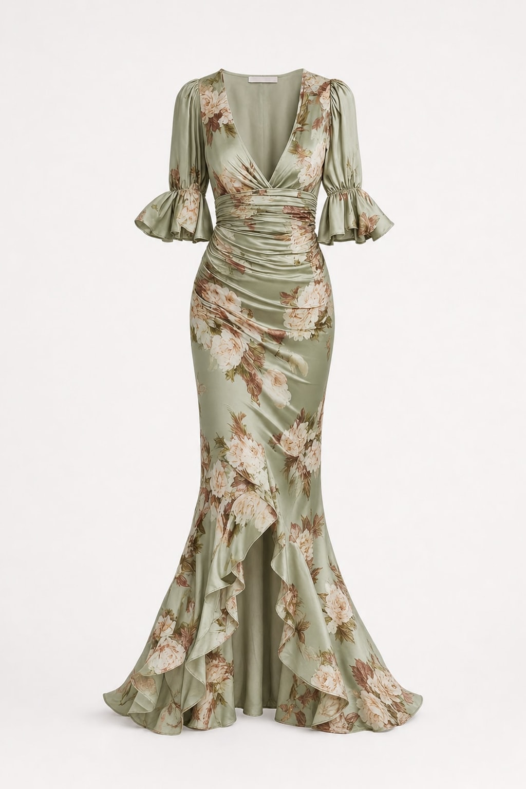 Satin Floral Print V-Neck Dress - 1