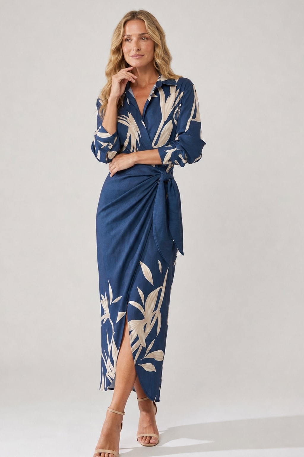 Wrap Maxi Dress with Leaf Print V-Neck - 3