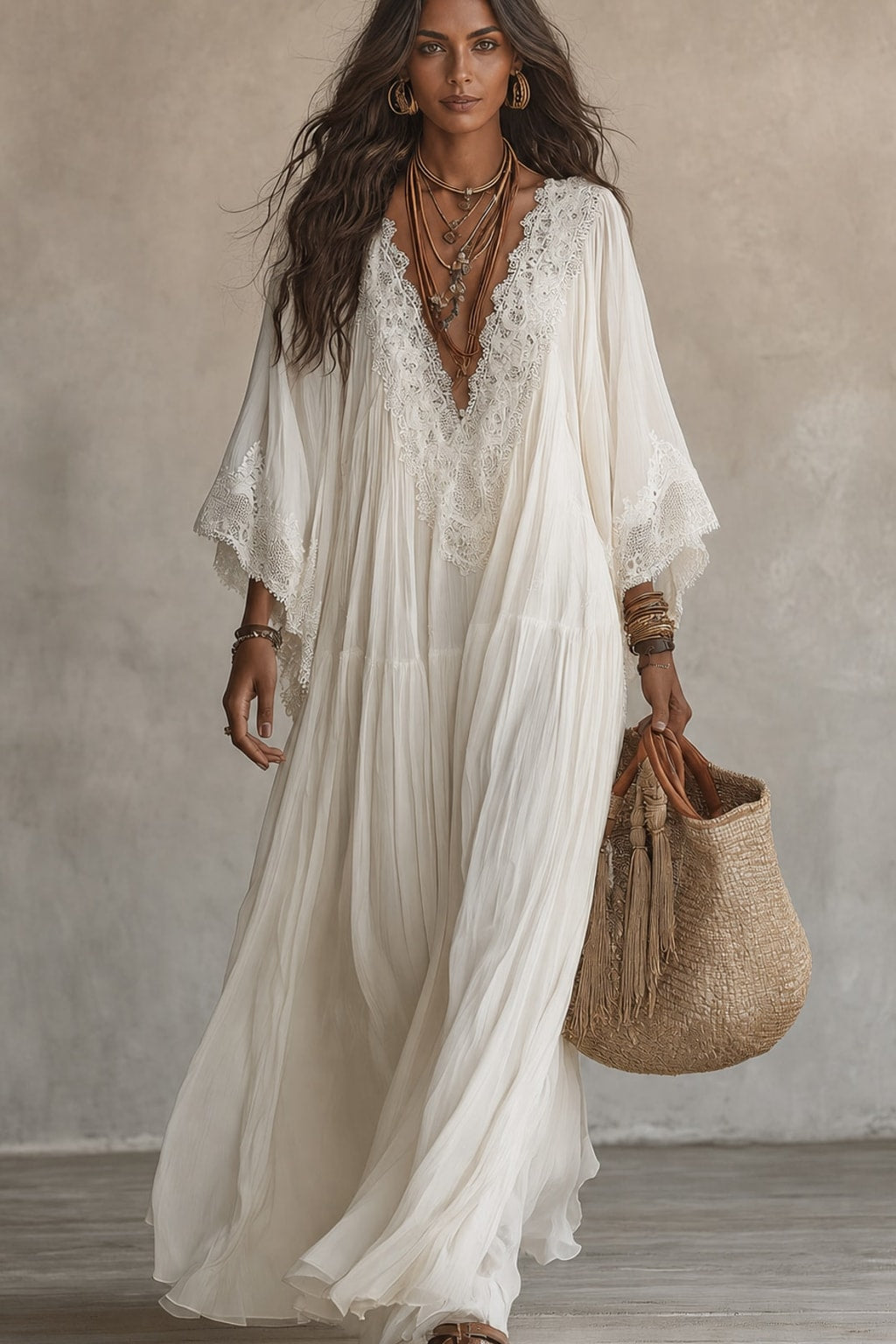 Lace-Trim Maxi Dress With Batwing Sleeves - 2