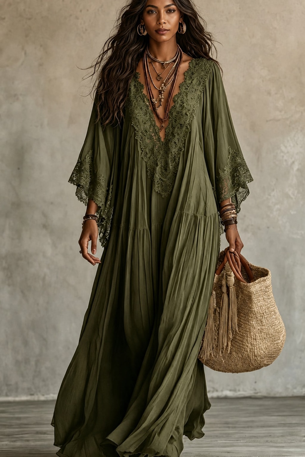 Lace-Trim Maxi Dress With Batwing Sleeves - 10