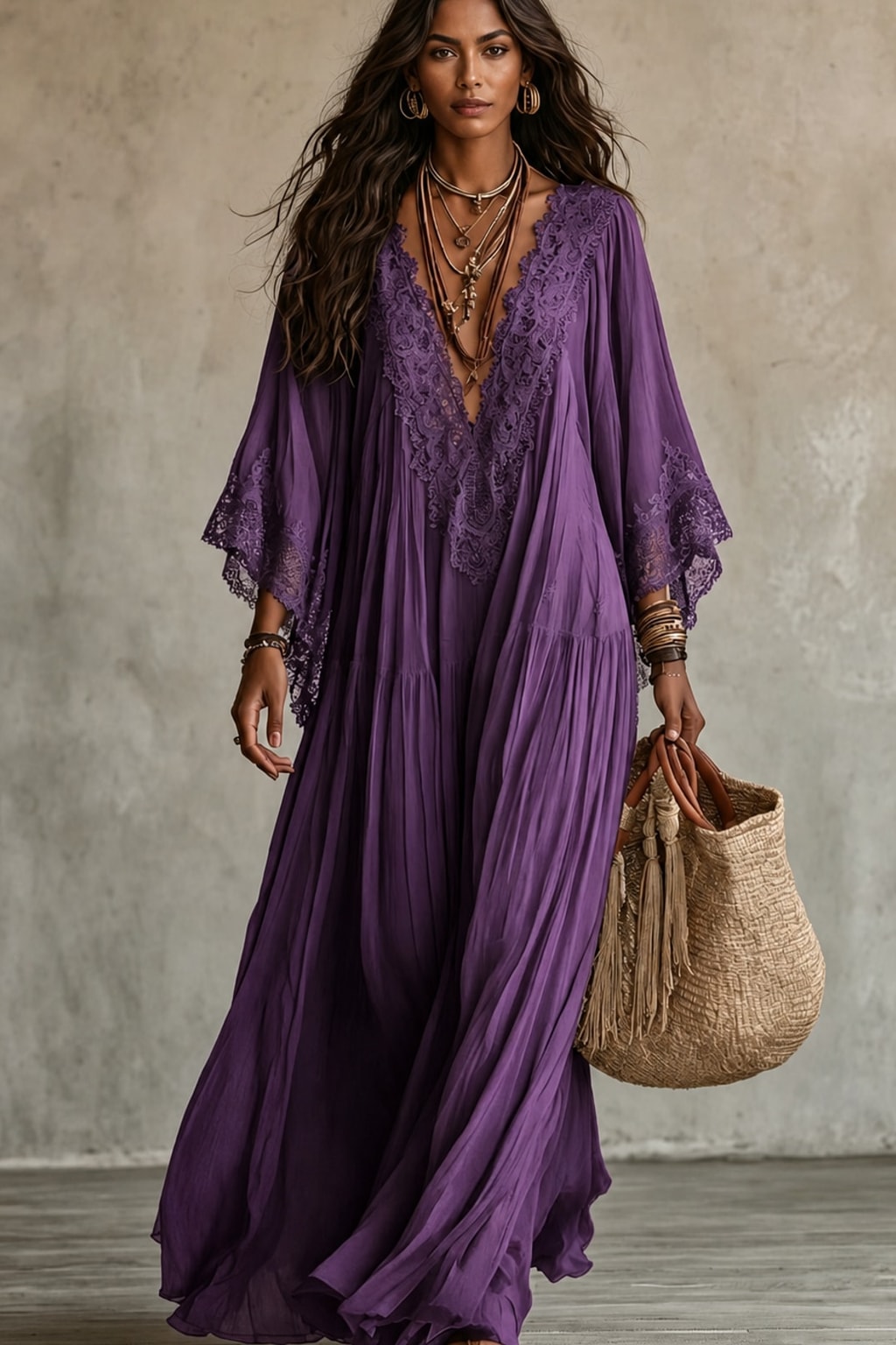 Lace-Trim Maxi Dress With Batwing Sleeves - 12