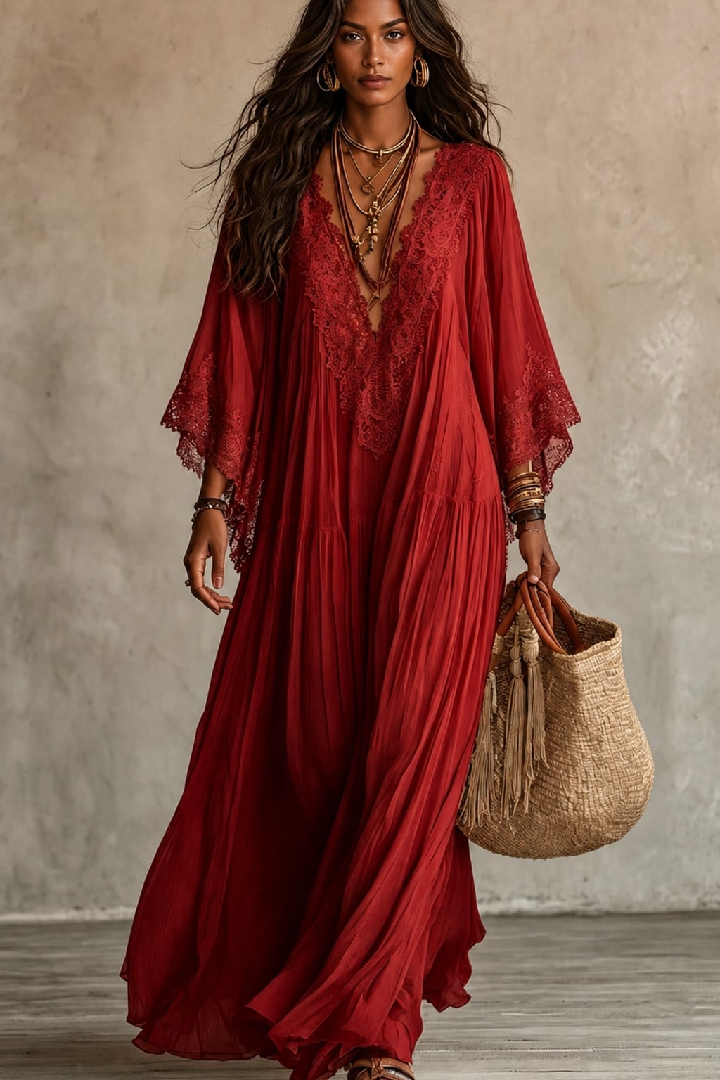 Lace-Trim Maxi Dress With Batwing Sleeves - 15
