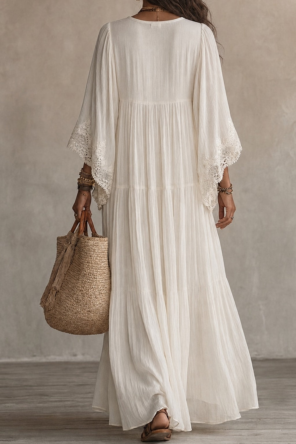 Lace-Trim Maxi Dress With Batwing Sleeves - 4