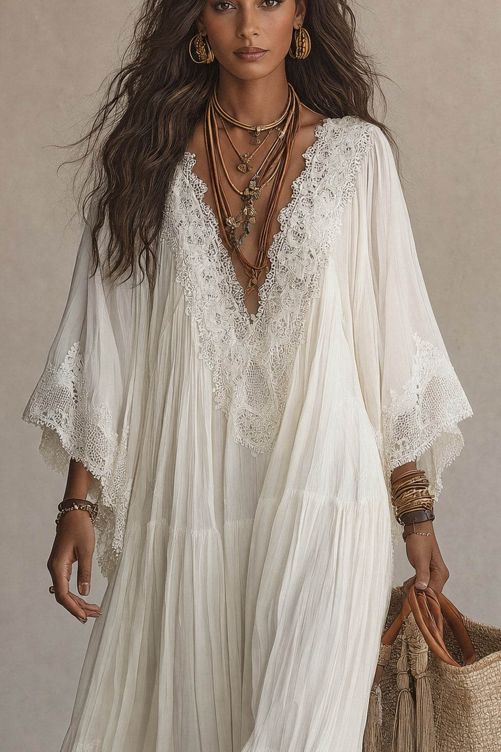 Lace-Trim Maxi Dress With Batwing Sleeves - 5