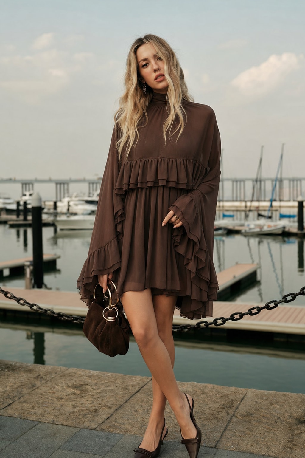 Chiffon Ruffle Mini Dress With Cape Overlay - 5