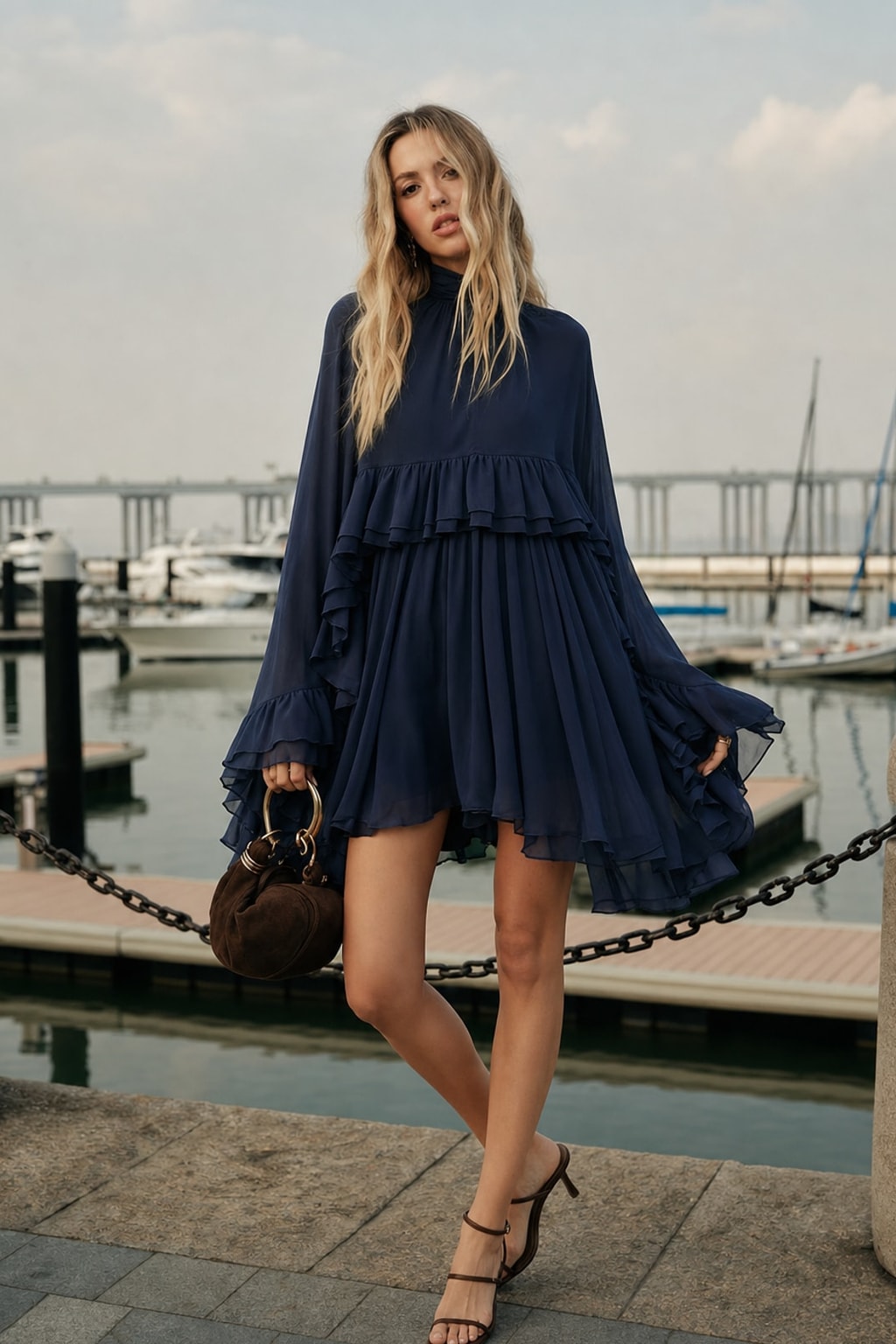 Chiffon Ruffle Mini Dress With Cape Overlay - 7