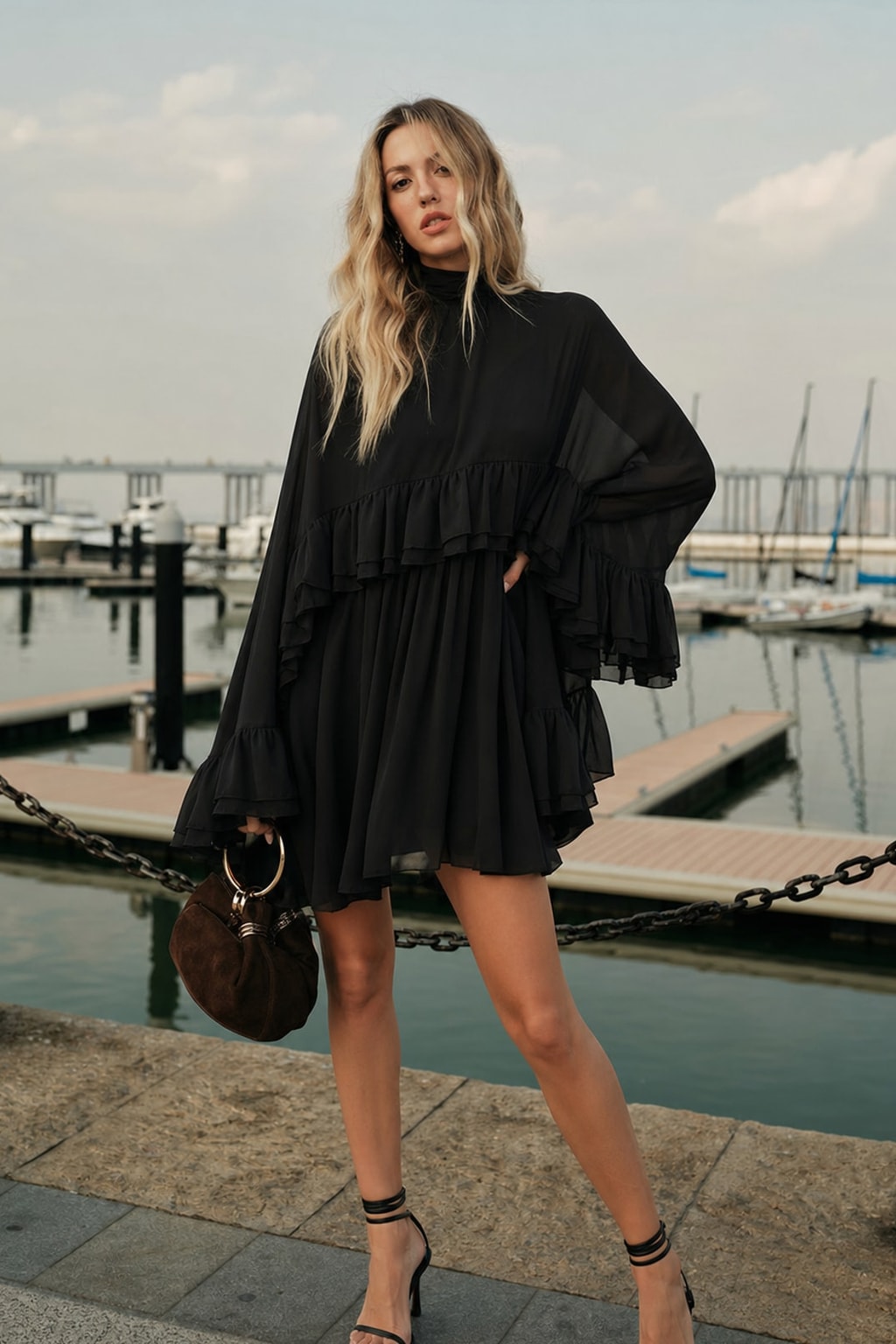 Chiffon Ruffle Mini Dress With Cape Overlay - 8