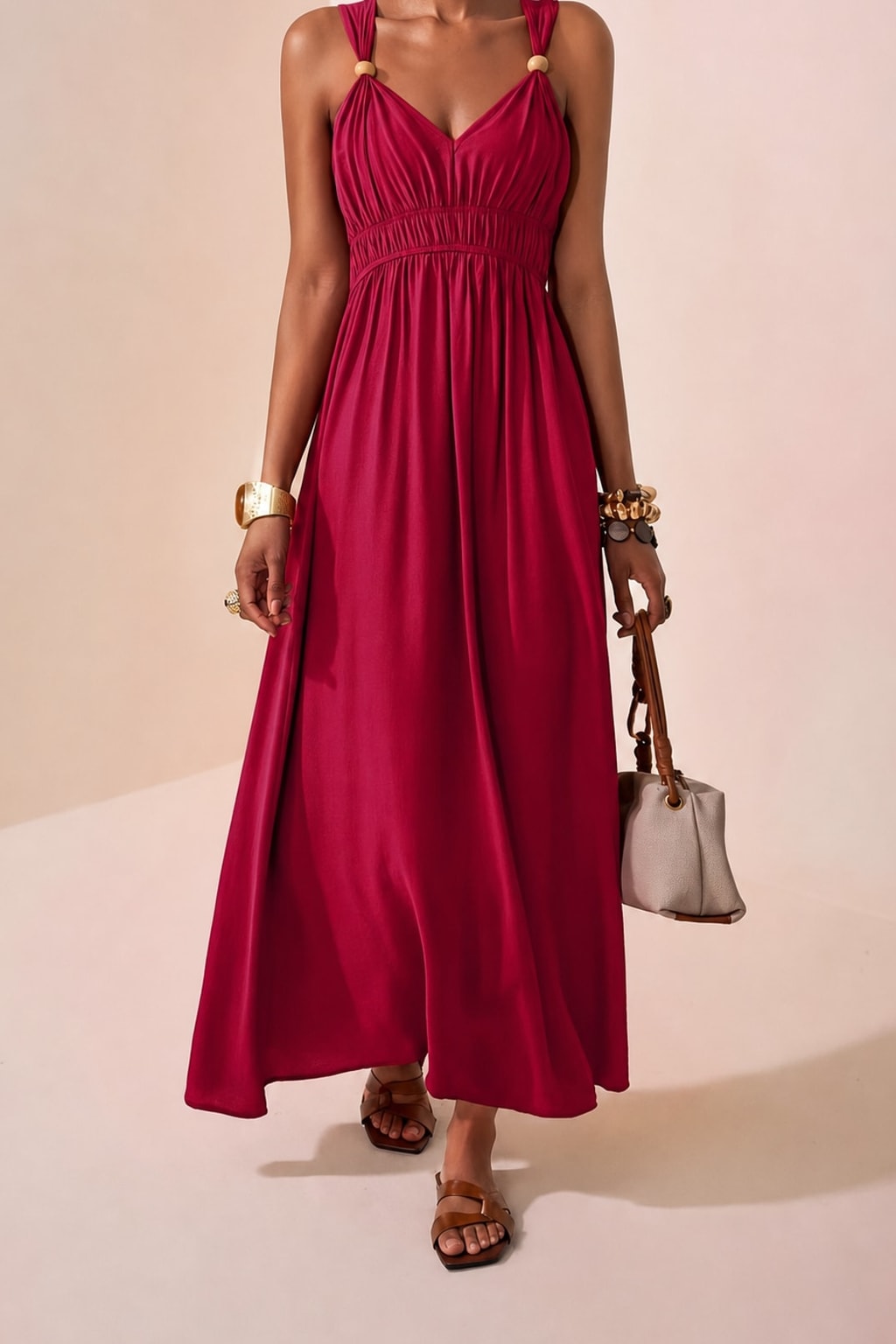 Textured Maxi Dress with Beaded V-Neck - 7