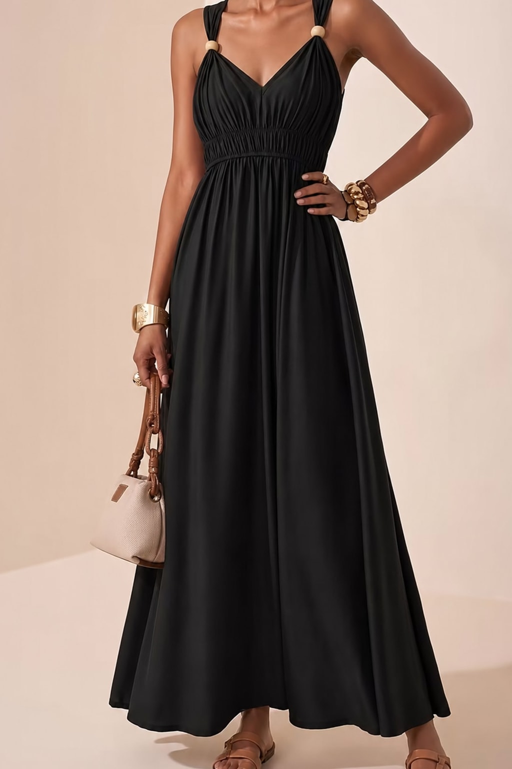 Textured Maxi Dress with Beaded V-Neck - 6