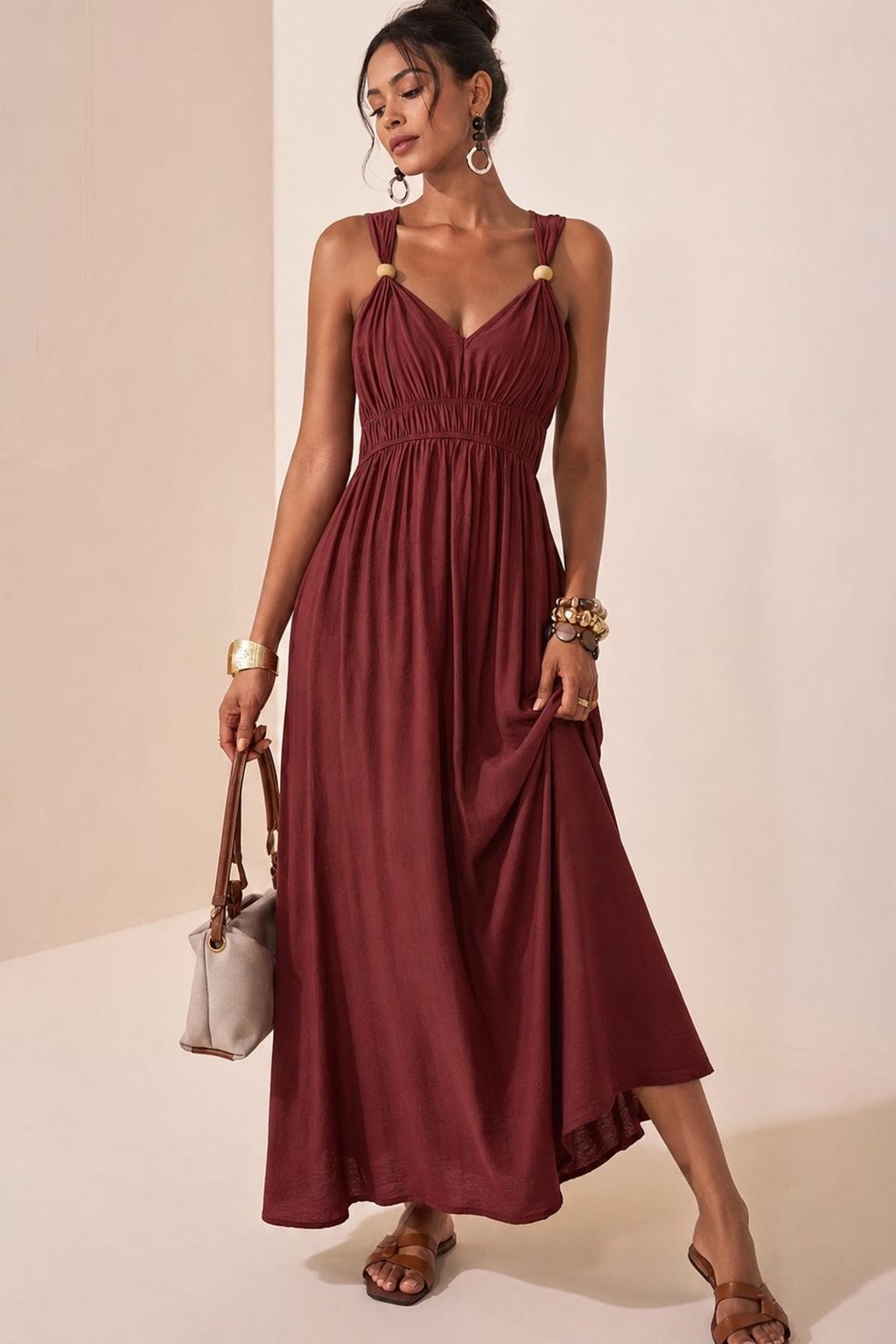 Textured Maxi Dress with Beaded V-Neck - 3