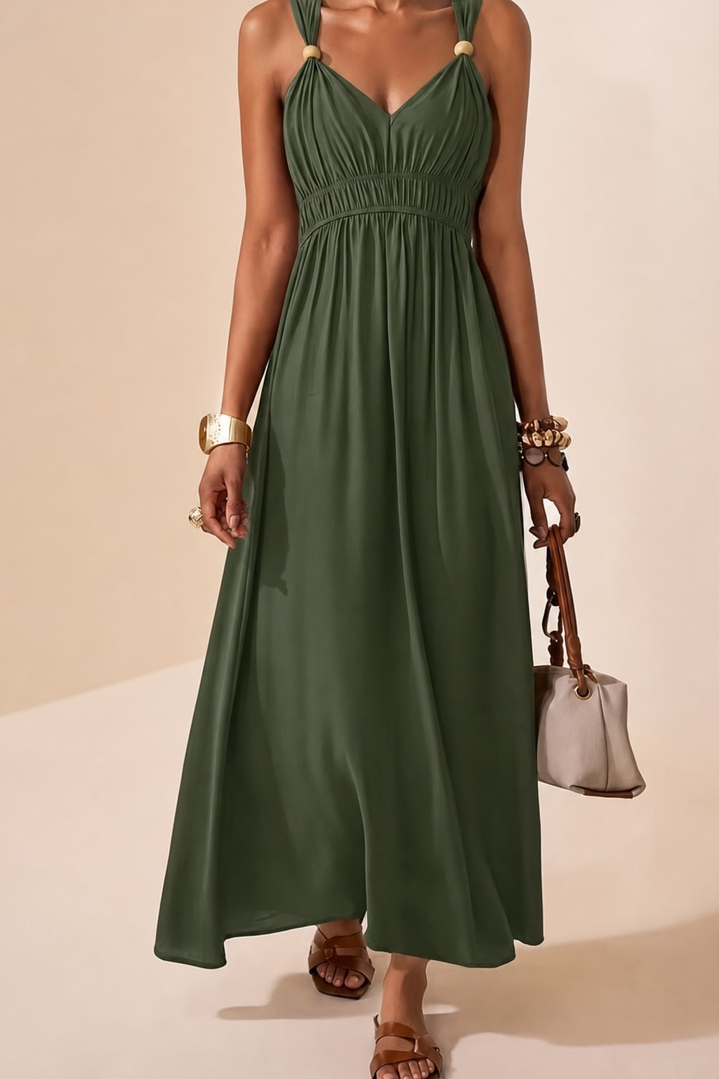 Textured Maxi Dress with Beaded V-Neck - 9