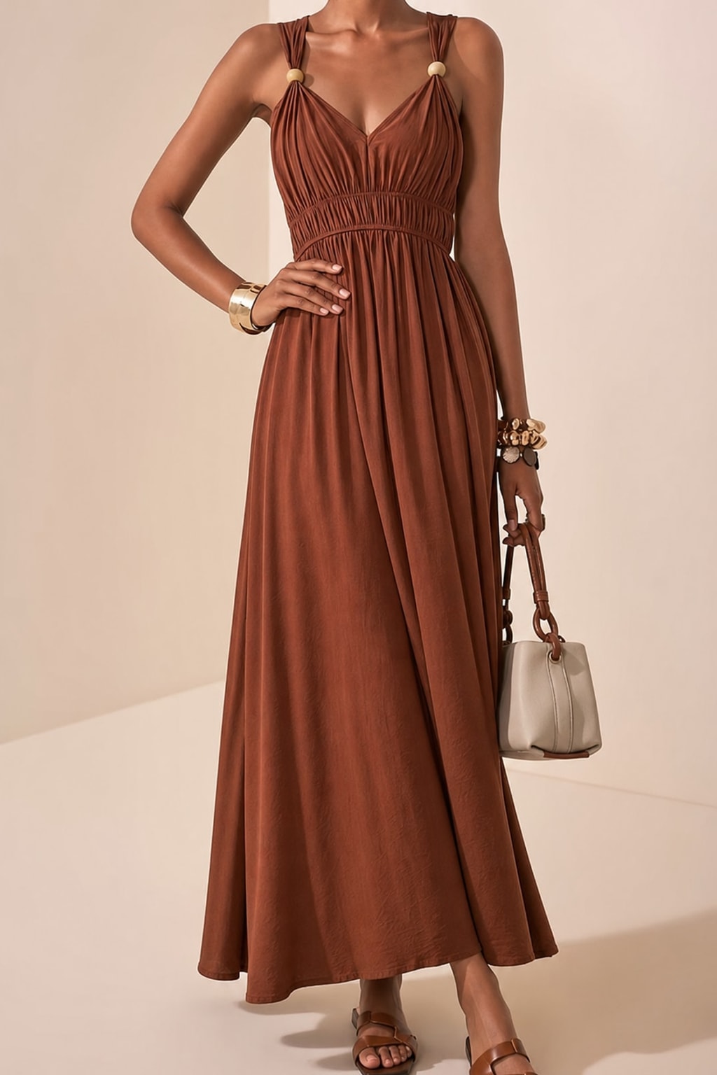 Textured Maxi Dress with Beaded V-Neck - 8