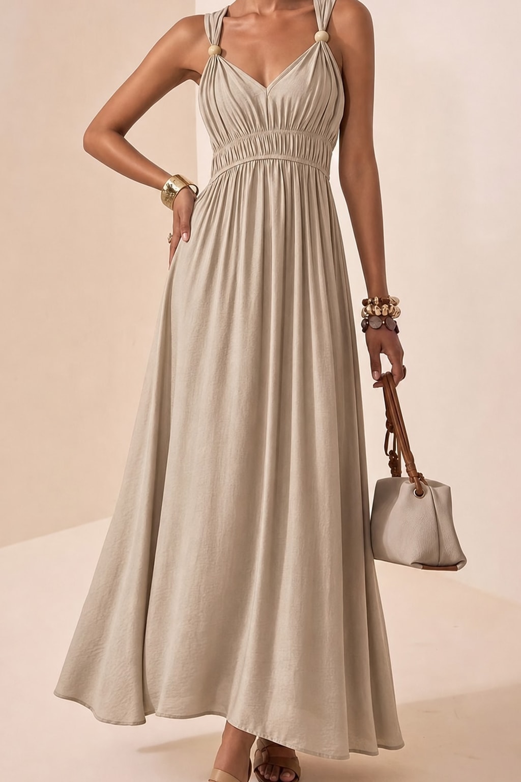 Textured Maxi Dress with Beaded V-Neck - 5