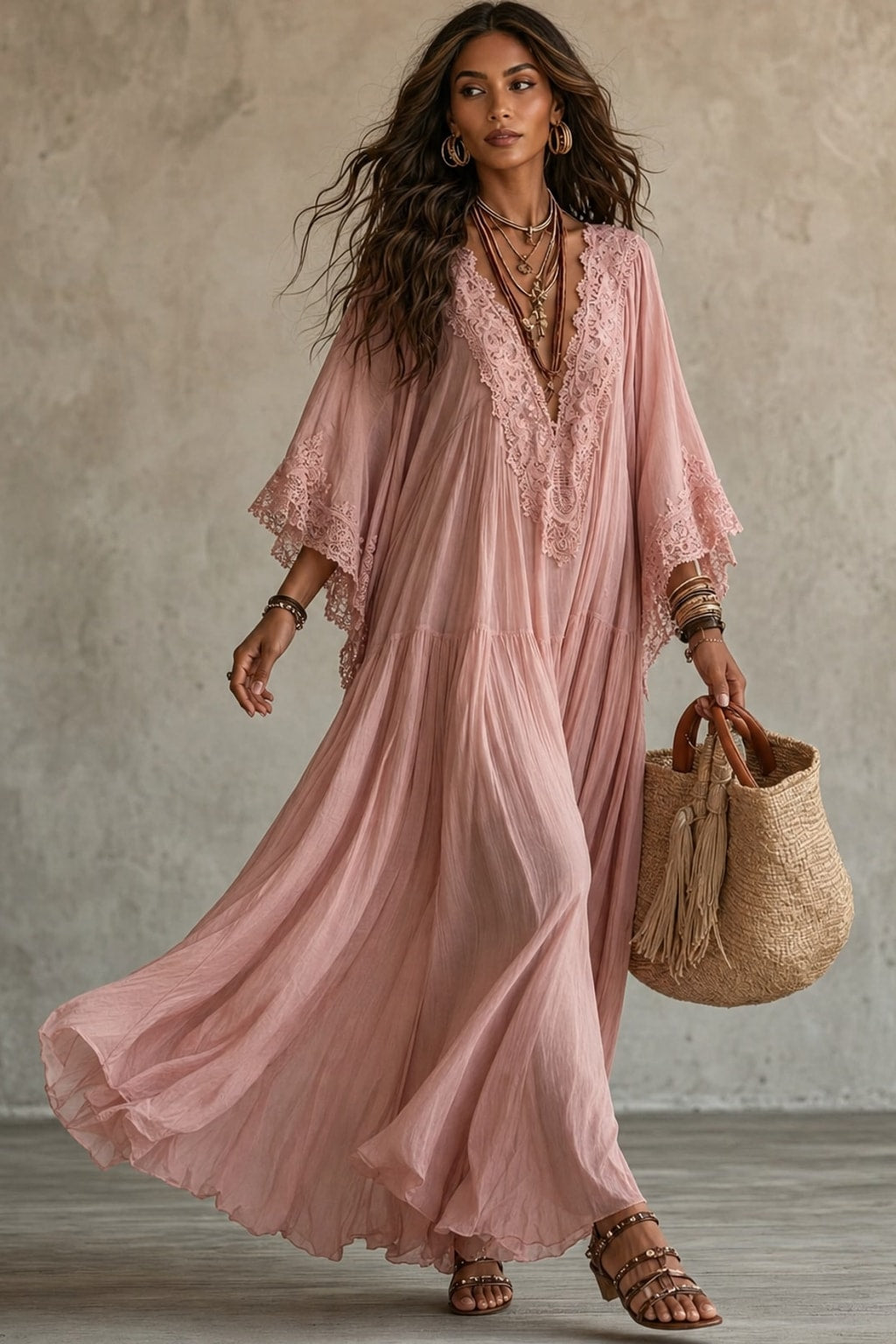 Lace-Trim Maxi Dress With Batwing Sleeves - 9