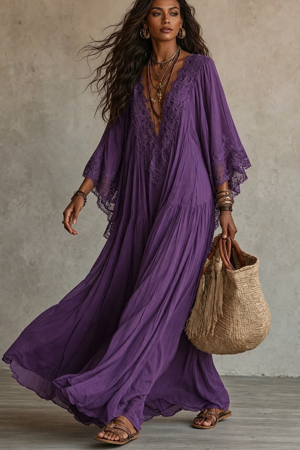 Lace-Trim Maxi Dress With Batwing Sleeves - 8