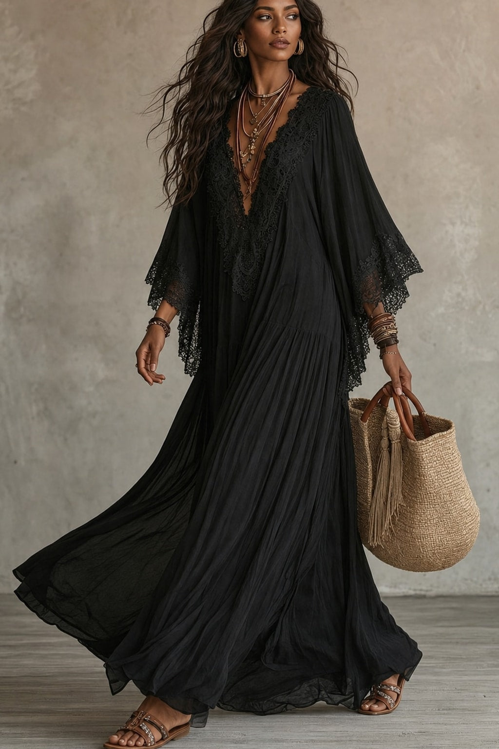 Lace-Trim Maxi Dress With Batwing Sleeves - 14