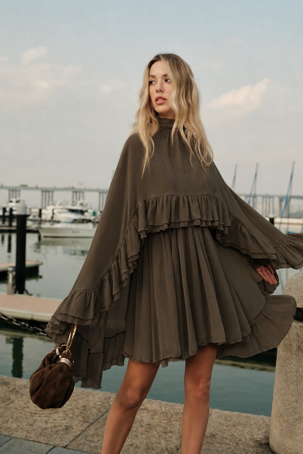 Chiffon Ruffle Mini Dress With Cape Overlay - 6