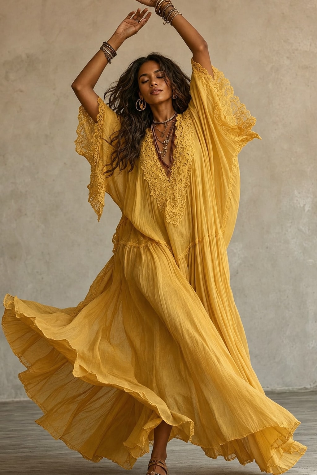 Lace-Trim Maxi Dress With Batwing Sleeves - 7
