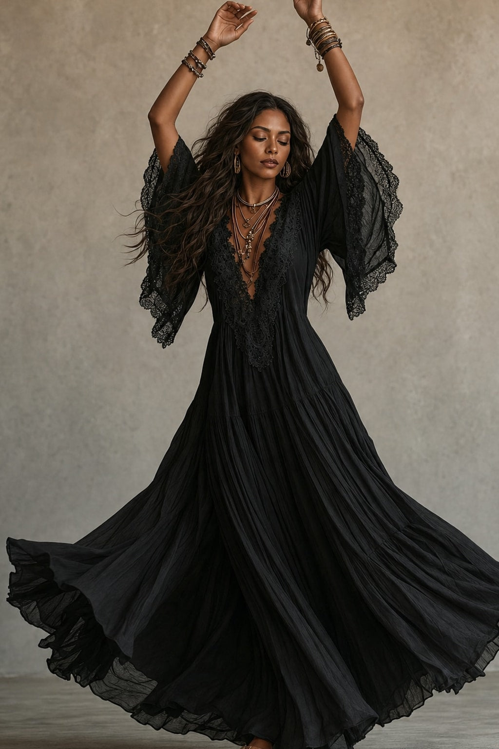 Lace-Trim Maxi Dress With Batwing Sleeves - 13