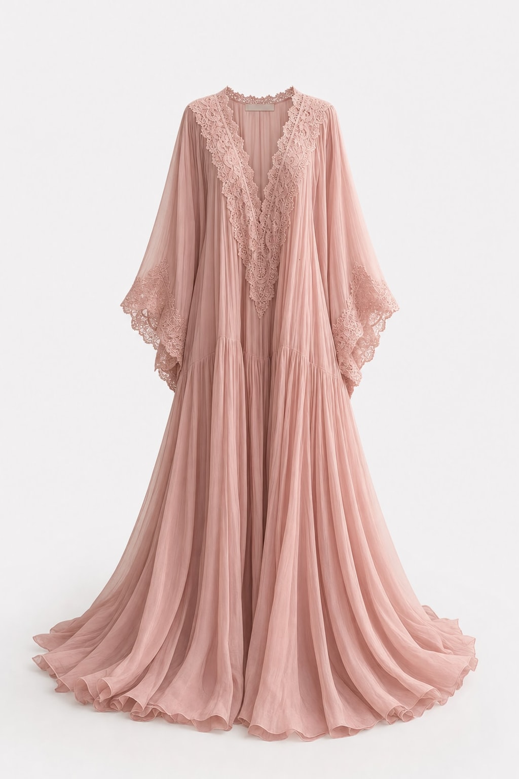 Lace-Trim Maxi Dress With Batwing Sleeves - 1