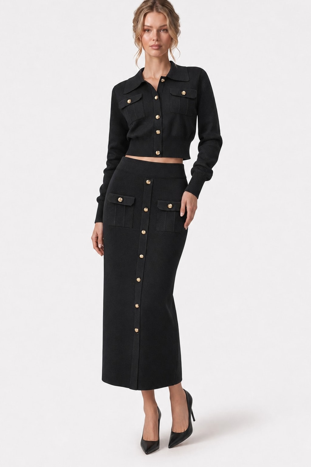 Knit Cardigan and Midi Skirt Set with Metal-Button Collar - 6