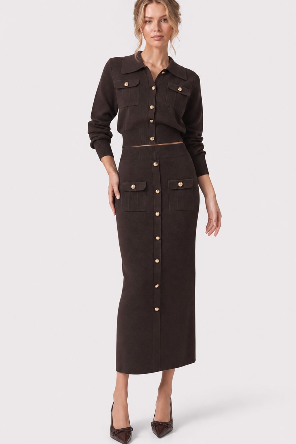 Knit Cardigan and Midi Skirt Set with Metal-Button Collar - 7