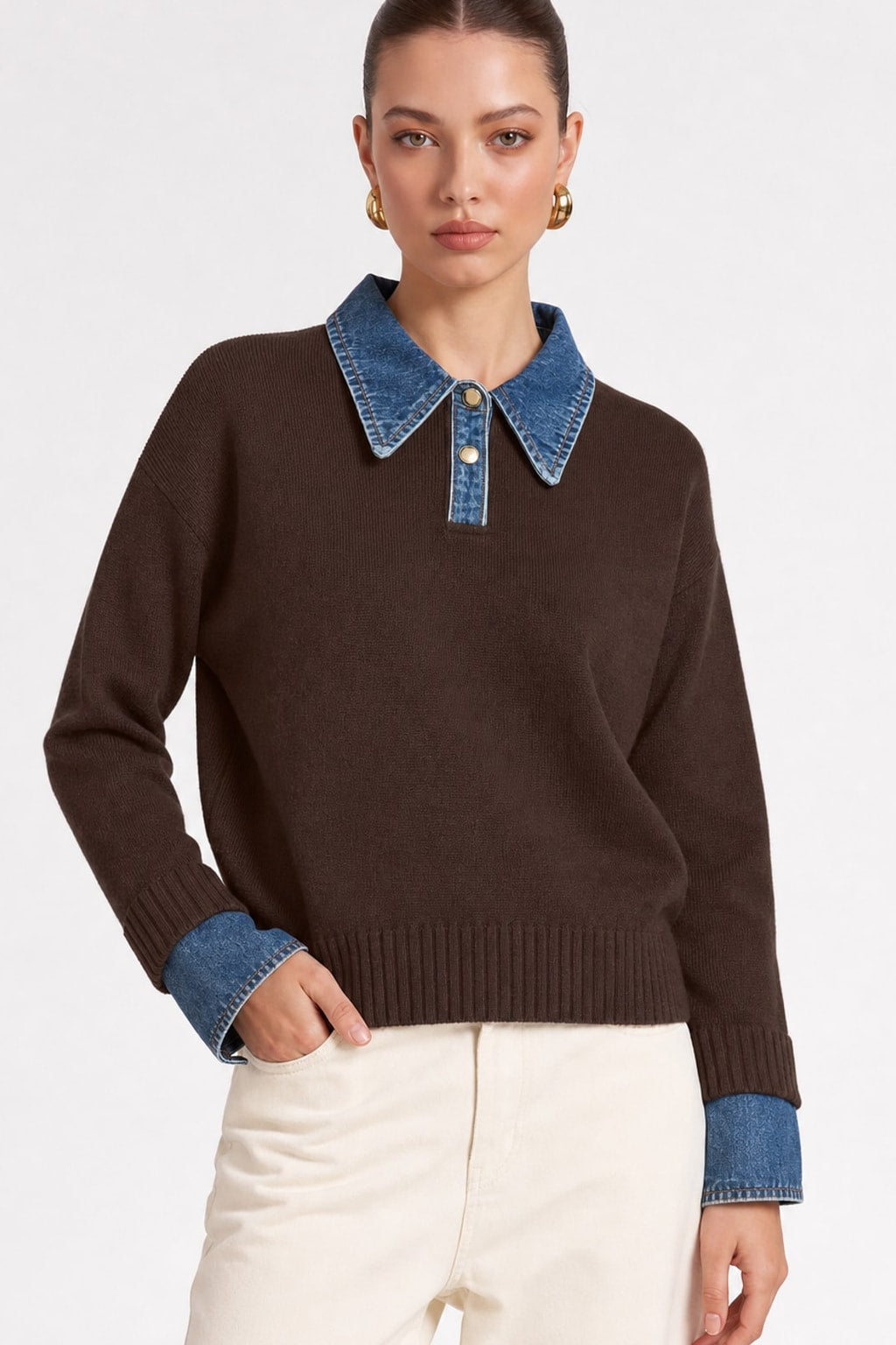 Knit Panel Lapel Relaxed Sweater - 6