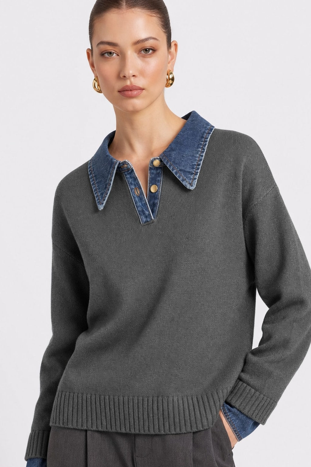 Knit Panel Lapel Relaxed Sweater - 5