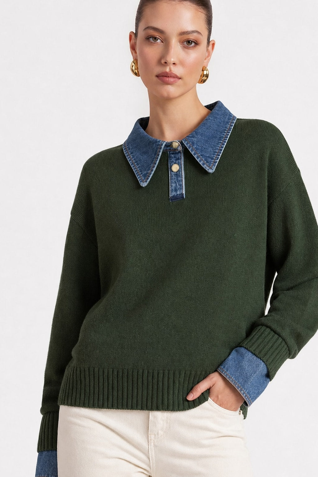 Knit Panel Lapel Relaxed Sweater - 8