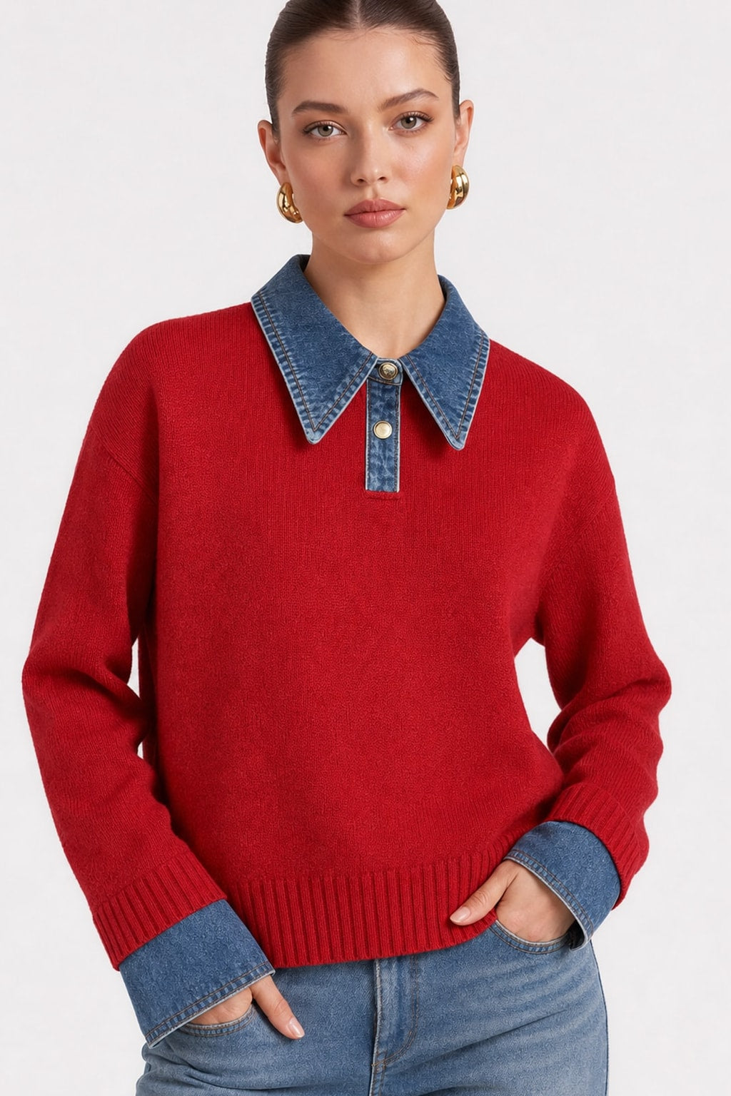 Knit Panel Lapel Relaxed Sweater - 9