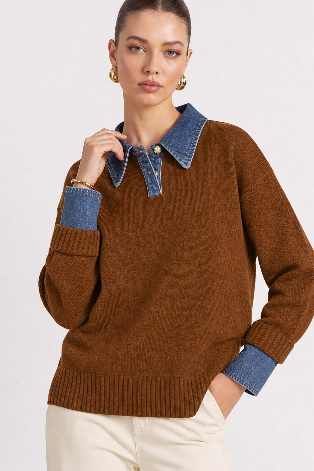 Knit Panel Lapel Relaxed Sweater - 10
