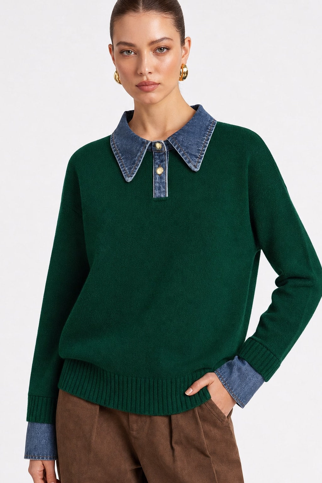 Knit Panel Lapel Relaxed Sweater - 11