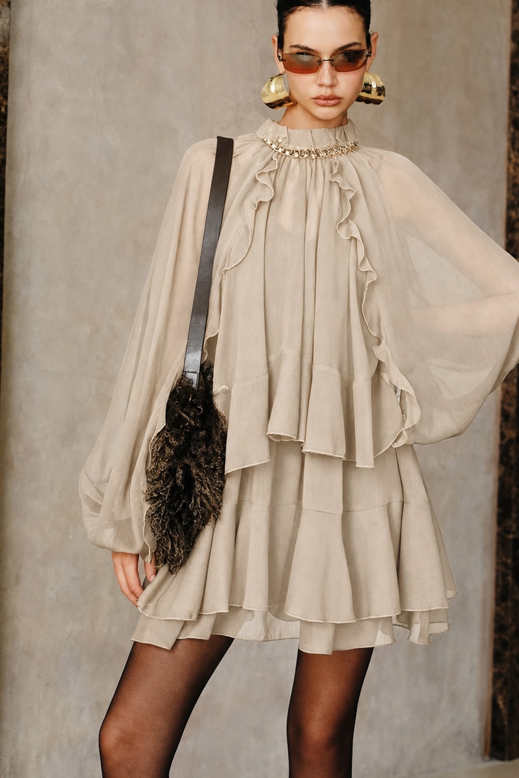 Chiffon Tiered Ruffle Mini Dress - 6