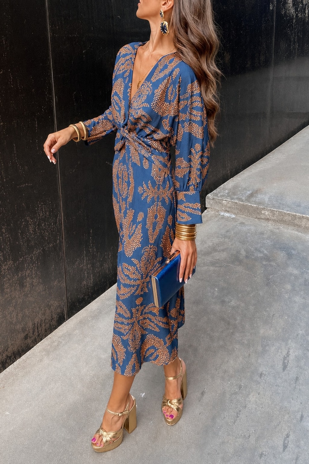 Printed Midi Dress with V-Neck and Tie Waist - 5