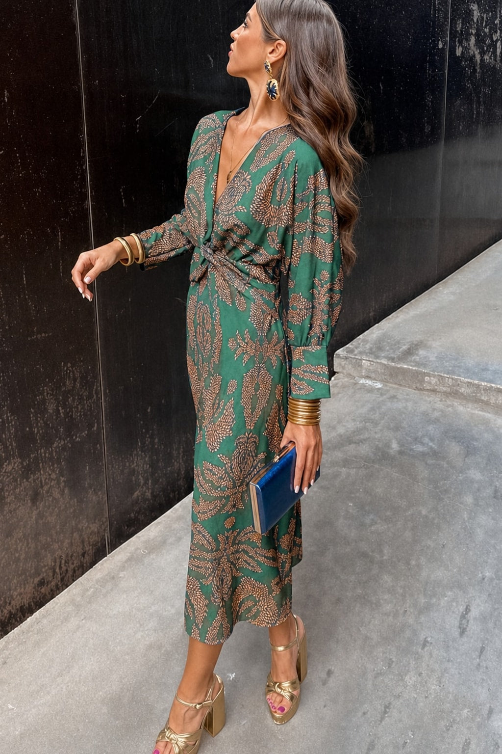 Printed Midi Dress with V-Neck and Tie Waist - 7